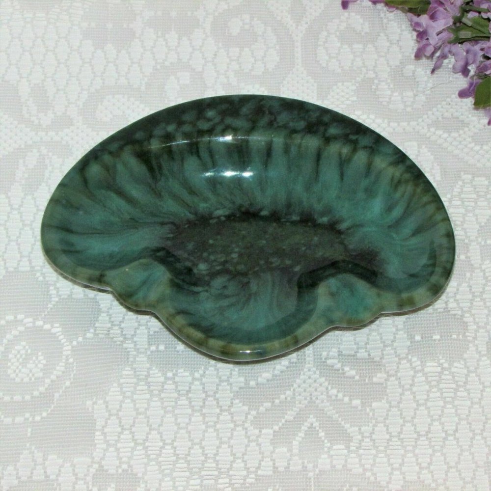 Mid-Century Art Pottery Ashtray Blue Green Drip Glaze Ceramic Bohemian Decor